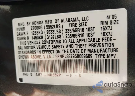 2005 Honda Odyssey Ex-L from USA, damaged, VIN 5FNRL38795B089609